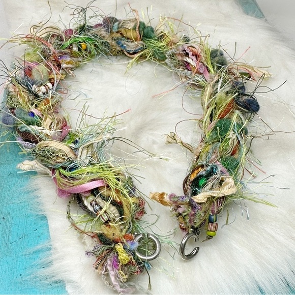 Green Pink Woven Fiber Beaded Necklace Textile Fiber Art Seed Beads Statement - Picture 6 of 12